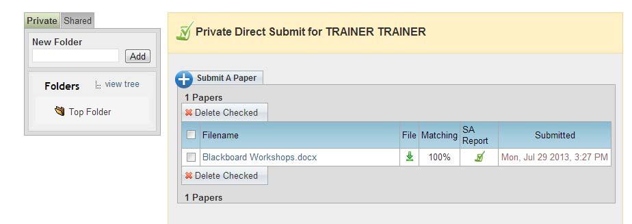 Direct Submit Direct Submit generates SafeAssign reports on papers submitted outside of a SafeAssignment and it may also be used to add papers to the institutional database.