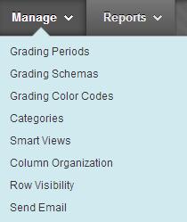 Management Options The Manage drop down menu displays the Grade Center management options.