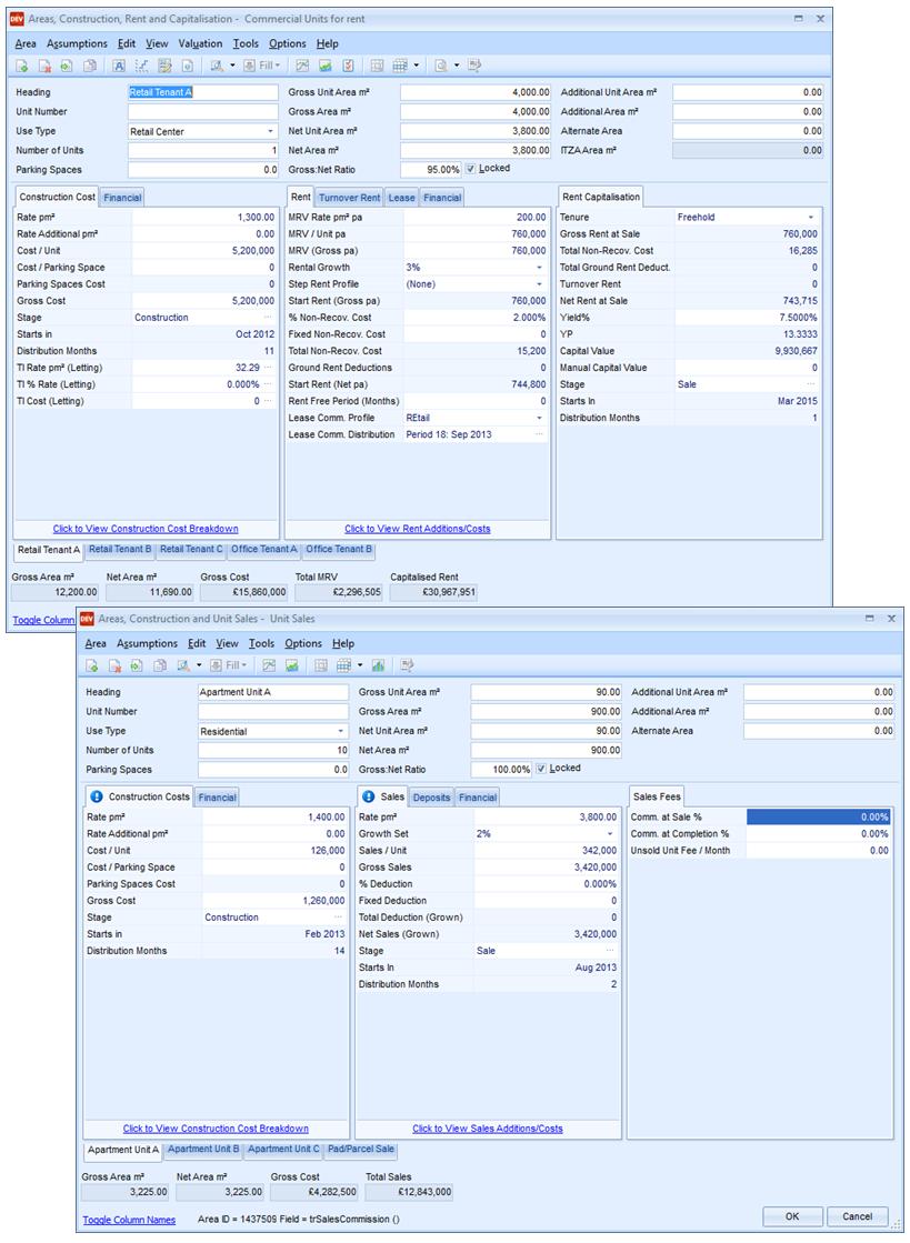 DEFINITION TAB - AREA SCHEDULE The Area Schedule editor allows you to define what you intend to build based on areas or unit sales.