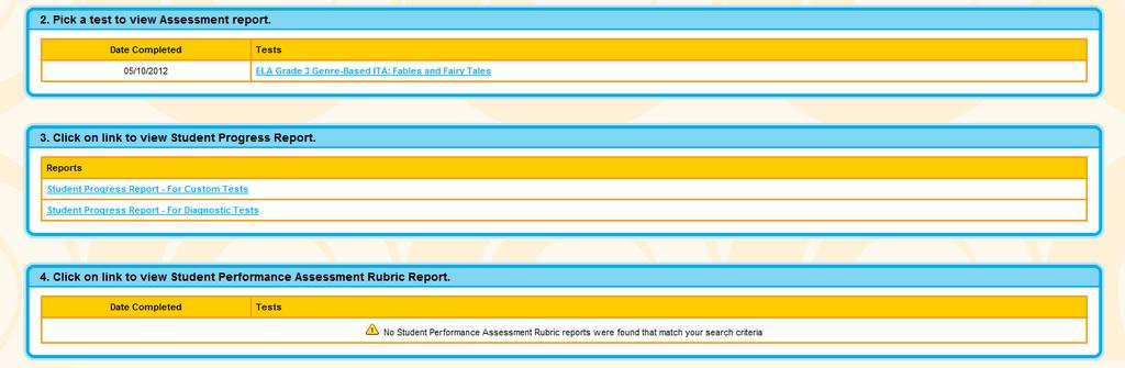 Access Acuity Reports The Assessment Report provides information on your child s performance by NYS standards and performance indicators The Student Progress Report compares scores for each custom