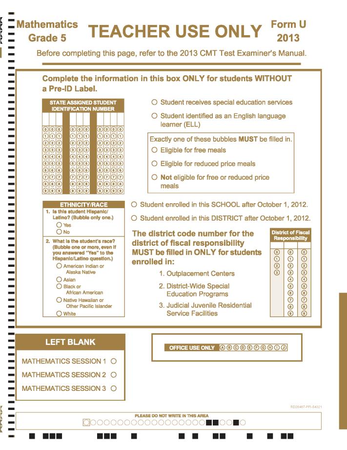 Back Cover of the Mathematics Test Booklet See pages 28 29 in the CMT Test Examiner s Manual.