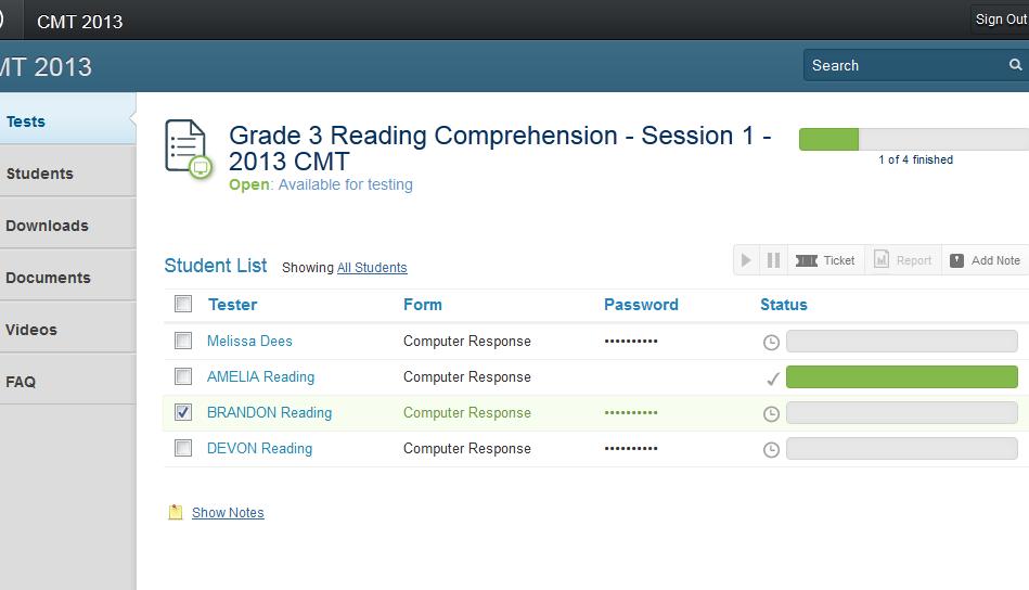 Checking a student s test status: The progress bar allows proctors to see