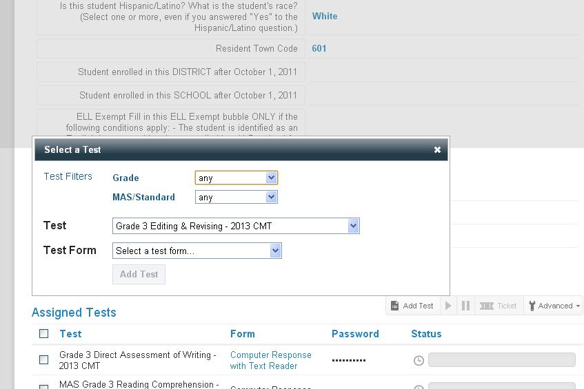 MIST Proctor Web site Adding a test for a student: The Select a Test