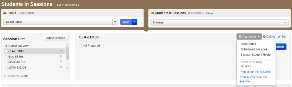 G. The students in the selected sessions will be listed at the bottom of the page. The Student Test Status will appear for each student as shown below.