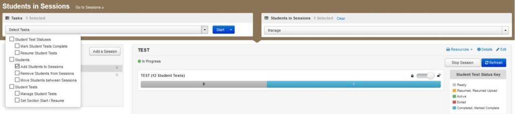 To add a student to a session: A. From the Students in Sessions screen, be sure your intended session appears on the Session List on the left.