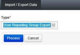 A. Click the Type drop-down menu. B. Select User Group Export. C. Click Process. D. Click the circling refresh arrows next to DETAILS to refresh the page. E. When the page has refreshed and the file is Complete.