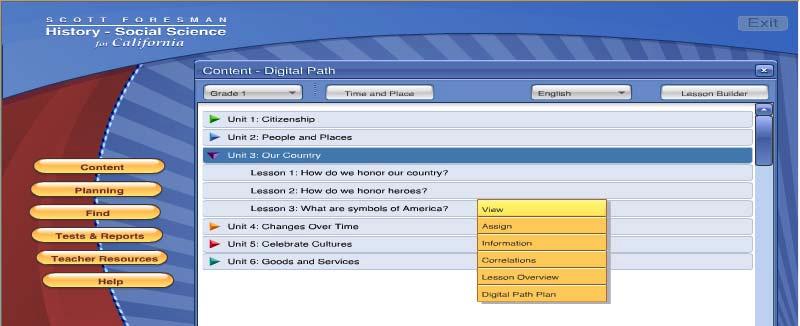A Tour of the Digital Path The Digital Path Main Menu contains six buttons: Content, Planning, Find, Tests & Reports, Teacher Resources, and Help.