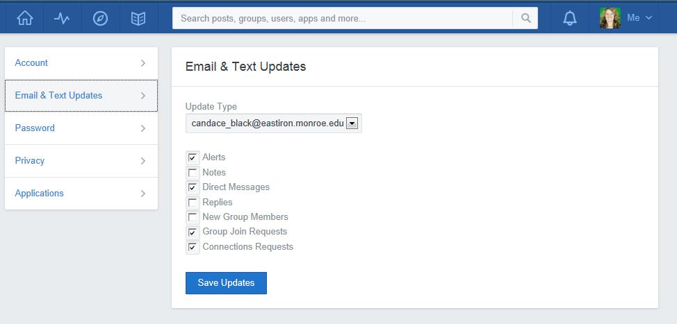 Email & Text Updates a) You can choose to receive a text message from Edmodo whenever an event happens (such as when someone makes a post, replies to a post, or when a student turns in an assignment).