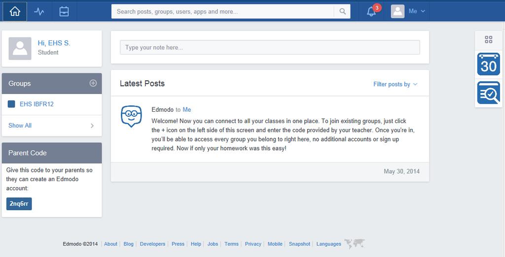 Student home page on Edmodo a) Notice that the student homepage has the same basic structure. b) The Home, Progress, Notifications and Profile sections are in the same place as on teachers homepages.