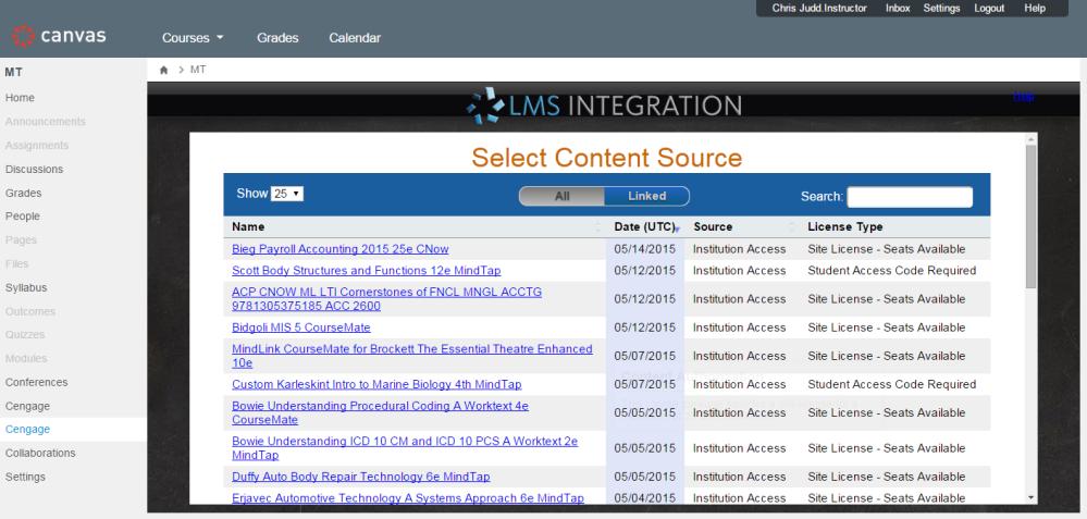 Click Login. Result: The Select Content Source page displays providing a list of courses available to your institution. 4 Select the product to use in your course.