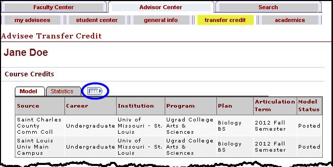 Transfer Credit To view an advisee s transfer credit, click