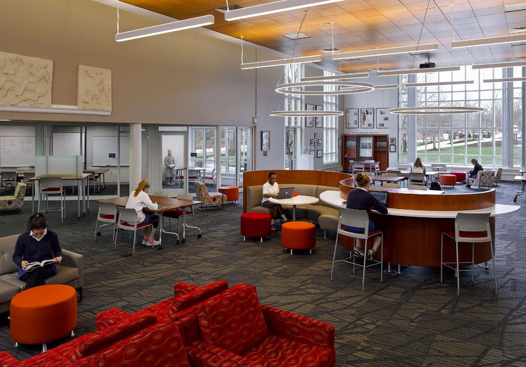 VARIETY OF SPACES TECHNOLOGY INTEGRATION ROLAND PARK COUNTRY SCHOOL BALTIMORE, MARYLAND The Faissler library at Roland Park Country School was reimagined as a learning commons with minor revisions to