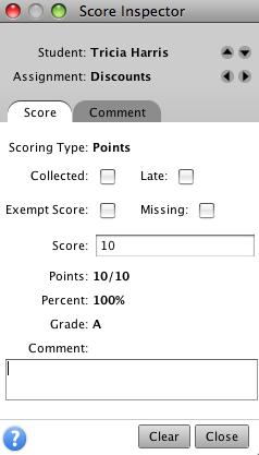 You can also use this tool to enter a comment about a student s score. 1. Click the Tools menu and click Score Inspector.
