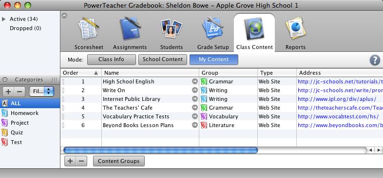 Adding Class Content The Content modes contain links to websites and information on the web. Information in School Content is provided by your PowerTeacher administrator.