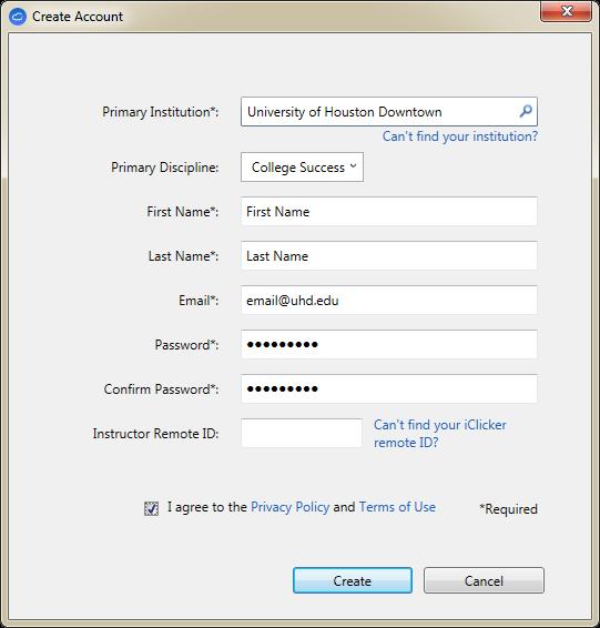 1.2. Create an iclicker Cloud Account 1. Open the iclicker Cloud application. 2. Click the Create Account button in the iclicker Cloud Sign In window. 3.