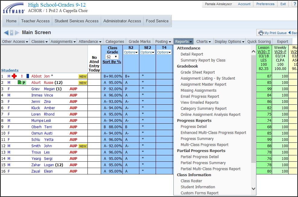 Reports Tab Gradebook Reports can be accessed in the following locations: Reports tab in the Gradebook Individual Student Selection (clicking on the name in the Gradebook) Reports for All Classes on