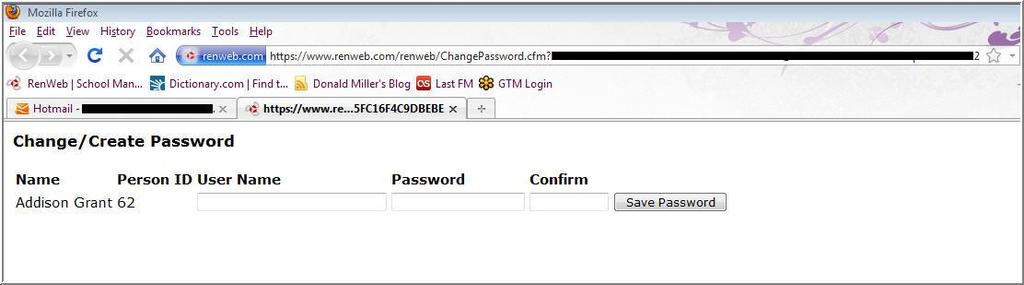A web browser displays your Name and RenWeb ID. Type a User Name, Password and Confirm the password. Click Save Password.