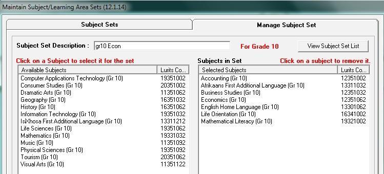 Figure 15: Manage Subject Sets The description (name) for the set cannot be changed. Click on each subject that needs to be included in this list.