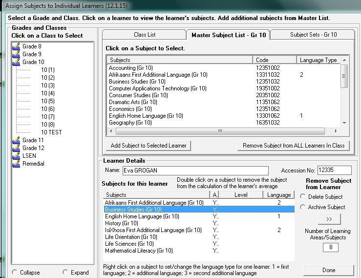 Figure 19: Assign Individual Subjects to Learners 2.1.5b Delete /Archive Subjects from Individual Learners Subjects can be removed by either being deleted or archived.