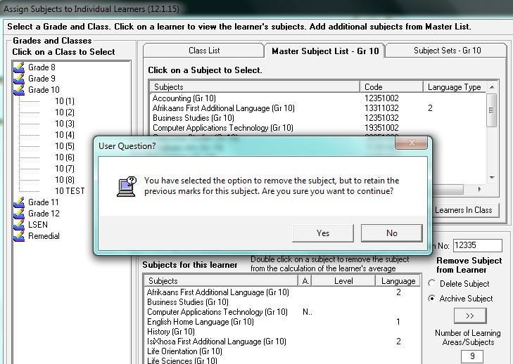 Figure 20: Archive single subjects per individual learner Click on Done when finished and to return to the previous main screen.
