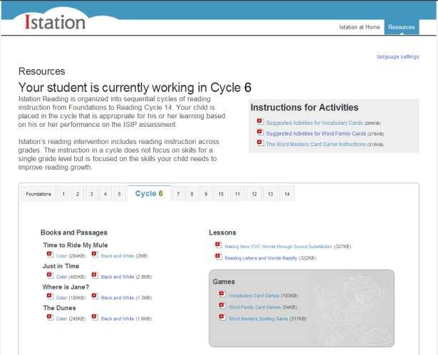 Page 10 of 19 By clicking on the word Resources, you will find in which cycle your child is working within Istation. Istation is organized into sequential cycles of instruction.