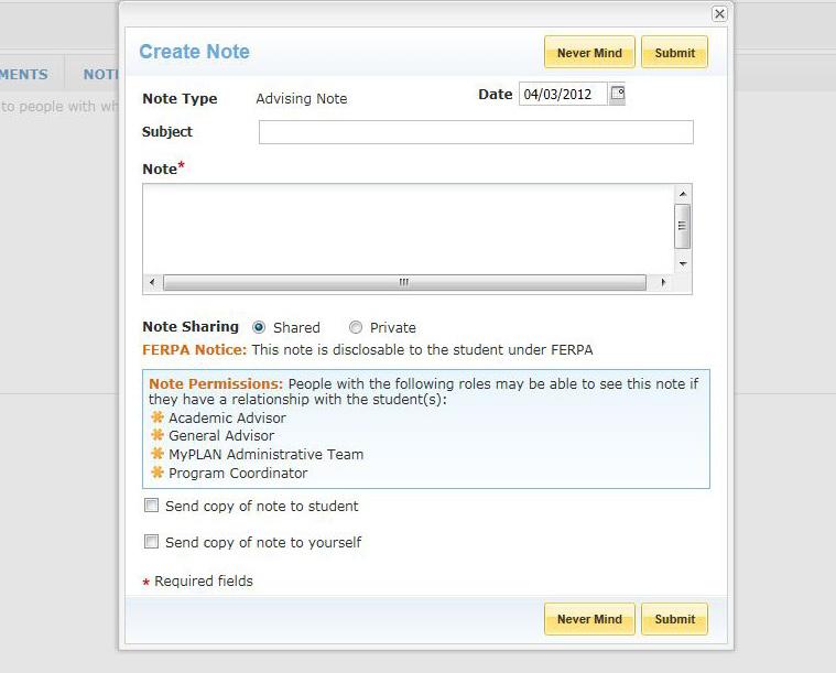 Make a Note MyPLAN allows you to add notes on students, keeping a live record of their involvement in the University.