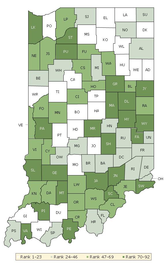 The maps on this page display Indiana s counties divided into groups by health rank.