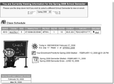 Sample Screen of Student Class Schedule Students login through Self-Service System to access