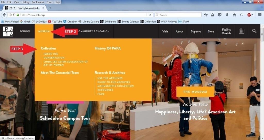 Step 2: Hover over the MUSEUM tab. Step 3: Click on Collection from the drop down menu. You will be taken to the Albert M.