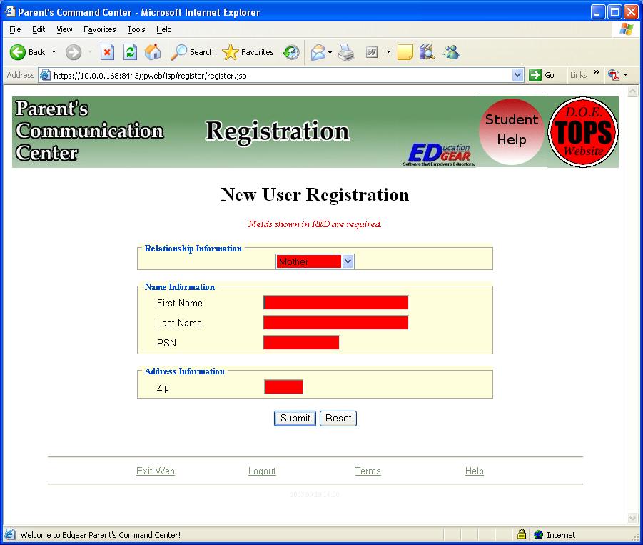 Next, click on Register a New User. Enter the requested information into the next page, which is shown below.