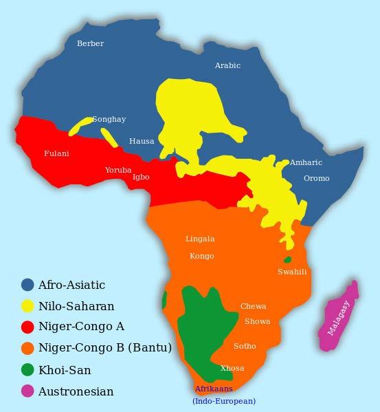 Two Major Language Families Afro-Asiatic Includes Maay Maay, Somali, and Arabic Bantu Includes