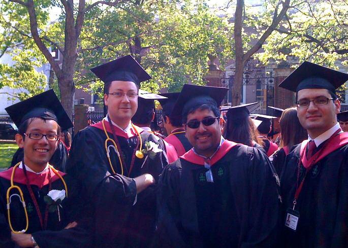 This page, top to bottom: In cap and gown at the Harvard Yard