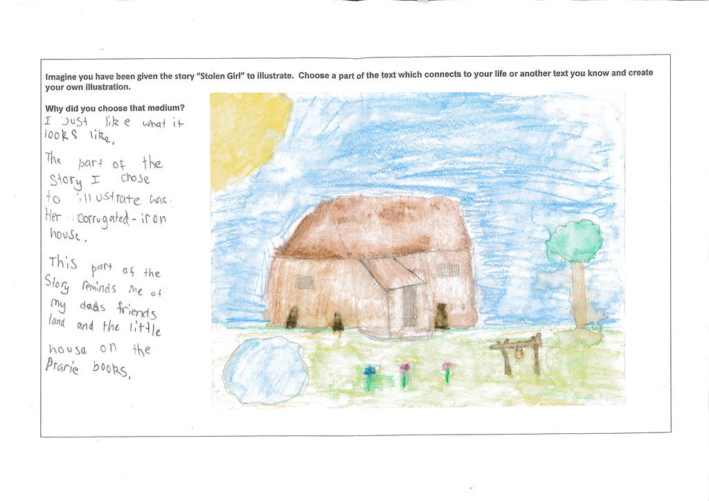 Work sample 5 Interpreting text - Stolen Girl Uses noun groups/phrases and prepositional phrases to enrich meaning in sentences, for example her corrugated iron house, in the car.