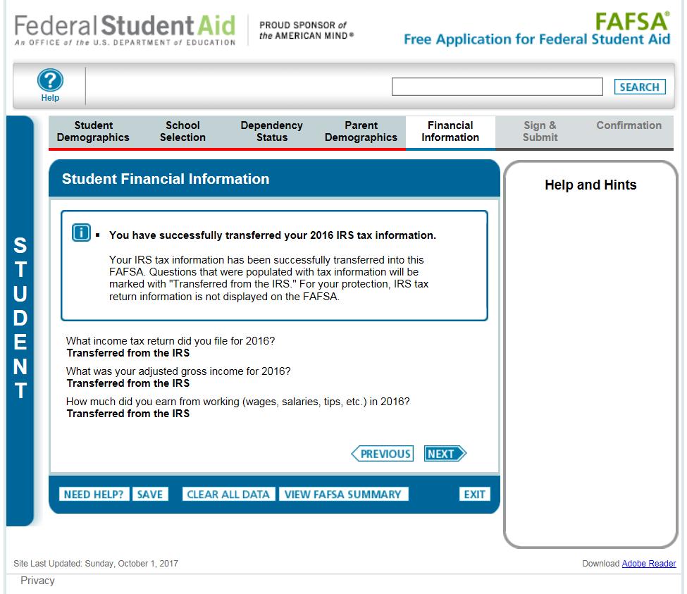 FAFSA SECTION 5: FINANCIAL INFORMATION (PG. 10) 2018-19 Student Financial Information page.