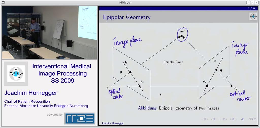 Figure 1: Example image from the video of lecture IMIP01. The left side shows the lecturer (top) and the lecture title (bottom), the right side shows the current slide and on-screen writings. 3.