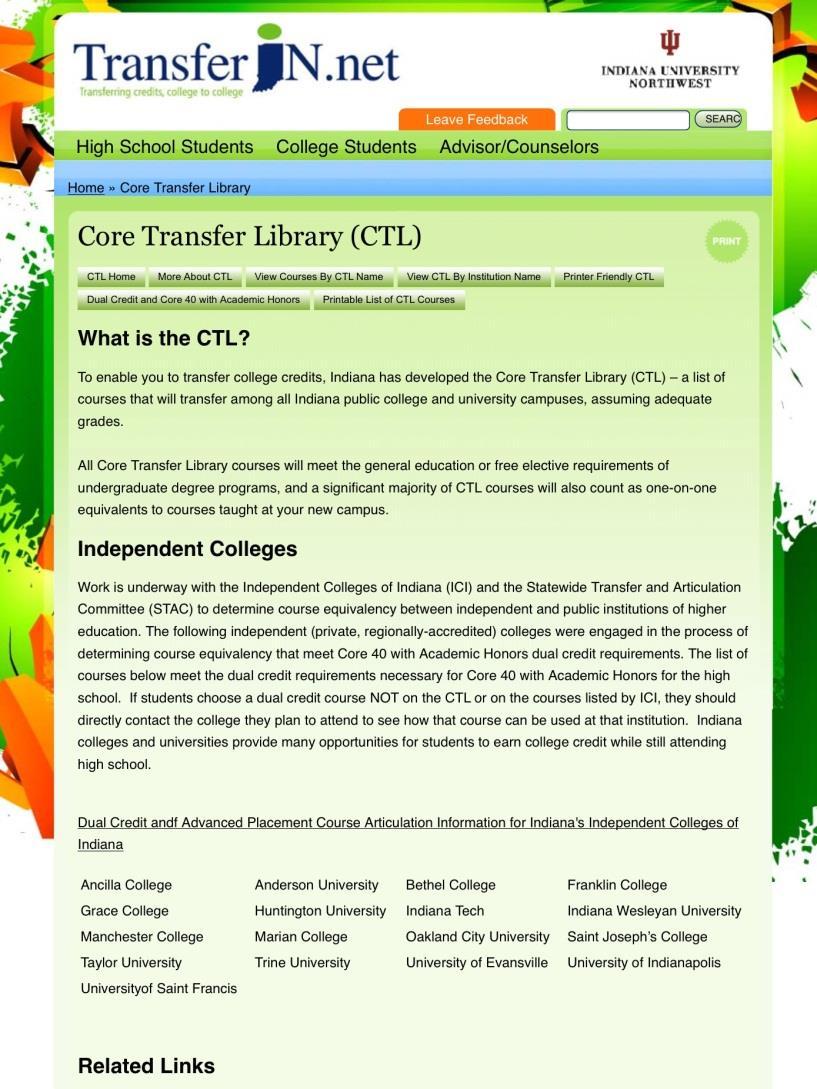 Core Transfer Library (CTL)- Answer where they go and how they count CTL is a list of courses that will transfer among all Indiana public college and