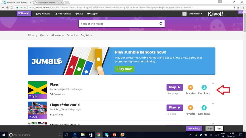 Filter your search by Kahoot type (quiz, survey, jumble and discussion), User (teacher, student, business and social), Audience (school, university, training, business) and Language (English, French,