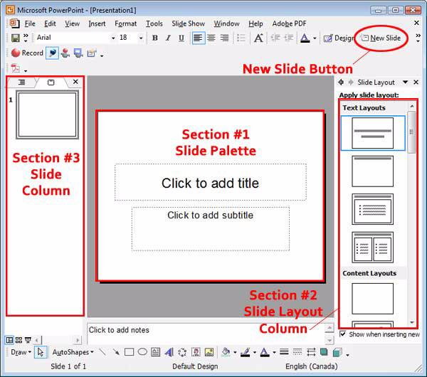 Overview of the PowerPoint 2003 Interface PowerPoint 2003 has many basic and advanced features. For the purpose of this tutorial, we re just going to focus on the basic features.