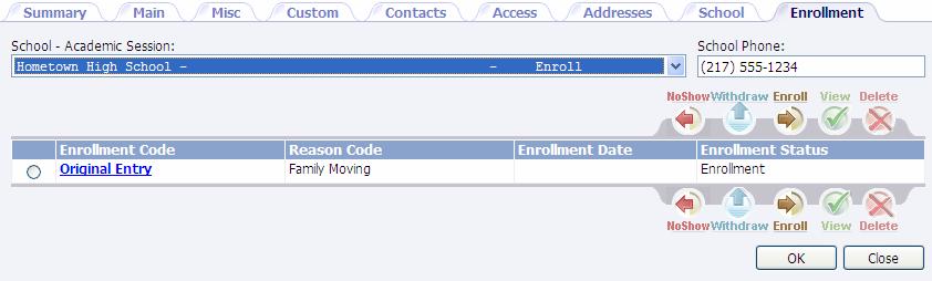 Student Enrollment Tab The Enrollment tab is used to enter school enrollment records including entries, re-entries and withdrawals.