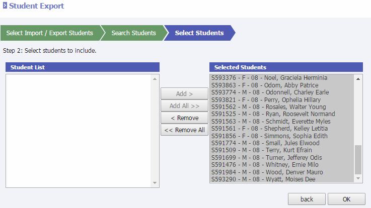 sti-k12.com for a sample export file. Go to Students Import/Export. Export Students Step 1: Enter criteria to search for one or more students to be exported (ex. 8 th grade). Select Search.
