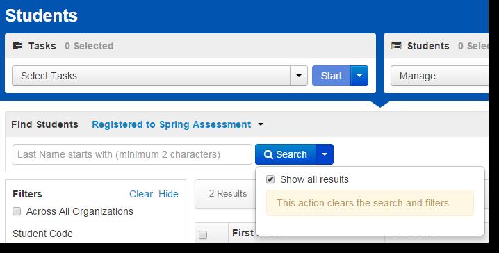 From Setup > Students, search to find the student(s) you want to edit or click the down arrow next to the Search button, select the Show all result option to reveal all results.