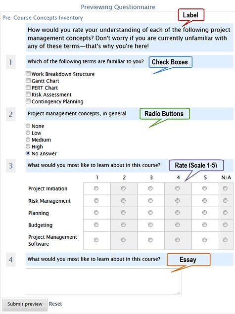 Updating Questions Click on Questions in the Questionnaire administration block to edit or rearrange your questions (Figure 12).