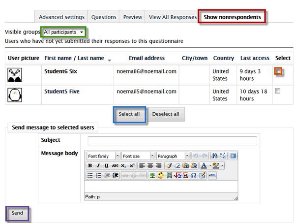 Viewing Nonrespondents You can contact students who have not responded to a questionnaire by clicking on the Show nonrespondents tab (Figure 22).