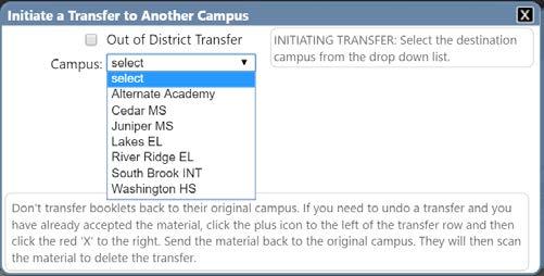 Materials > Transfer: Initiating the Transfer To begin the transfer, you must first select the appropriate test administration from the Select Admin drop down menu.