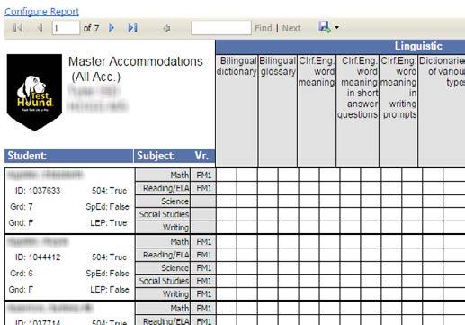 After selecting the Master Accommodations report, you will be able to configure the report by selecting from the following categories: Students Grades Types