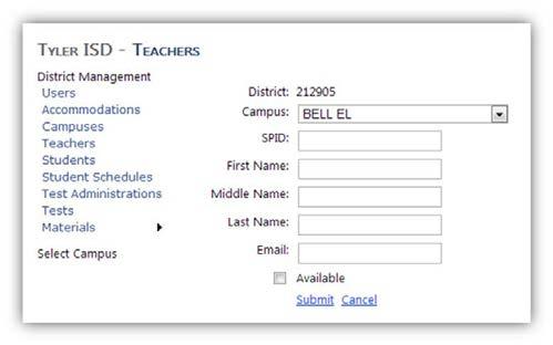 25 I. DISTRICT USERS 4. Teachers After clicking on New the below screen will appear.