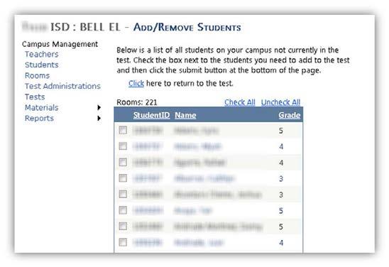 85 II. CAMPUS USERS 16. Tests An Add/Remove Students screen will appear which includes a list of all students currently enrolled on your campus in TestHound.