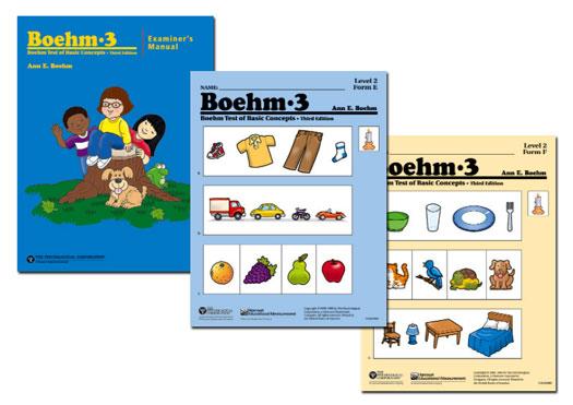 Boehm 3 School Version Assesses 50 basic concepts in a group administration format Norms are provided by grade level (K 2) for both