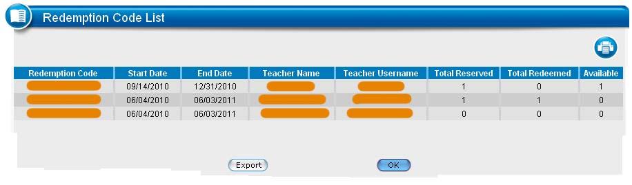 Master Codes for distribution to, and Redemption by, Teachers appear in the Master Access Code column (masked in this example). Teachers can redeem Master Code(s) on or after the License Start Date.