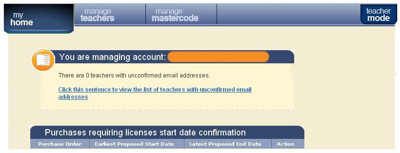 Dashboard: Click the Manage New Licenses and Teachers link at the upper right (see 3, above).